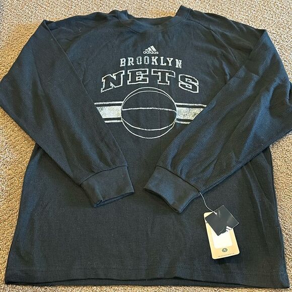 Adidas NBA Boys Brooklyn Nets Basketball Black & White Long Sleeve Shirt - Picture 1 of 7